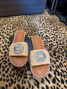 Woven Raffia Slide Sandals with Silver Crystal Buckle - Beige